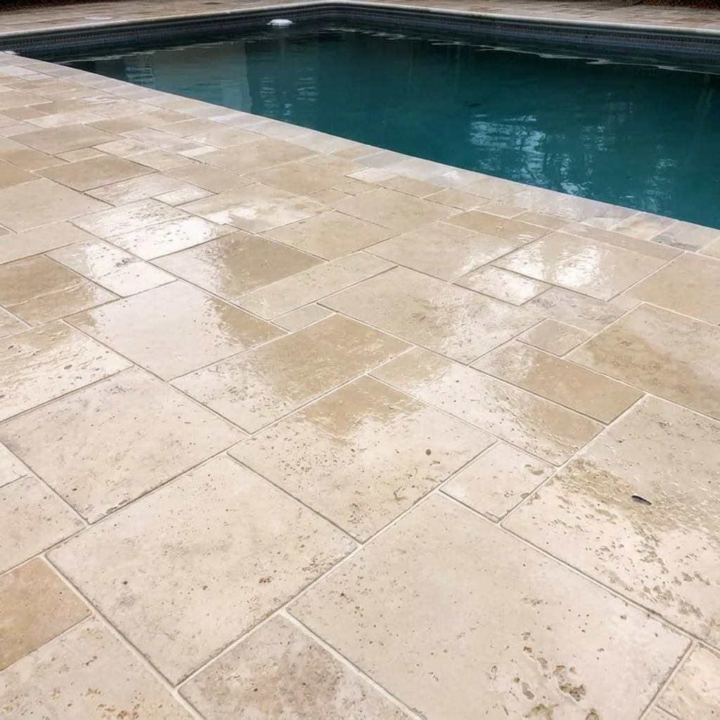 Sealed Bonita Springs pool deck pavers with rich finish